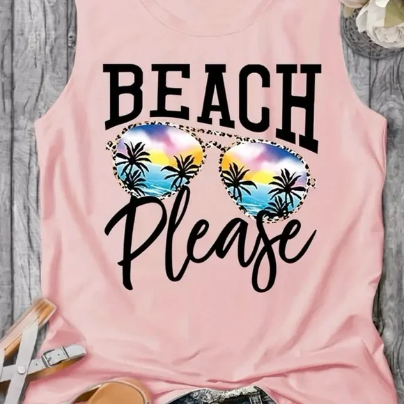 *Beach Please* Palm Trees Sunglasses Graphic Sleeveless Tank Top - Picture 2 of 6